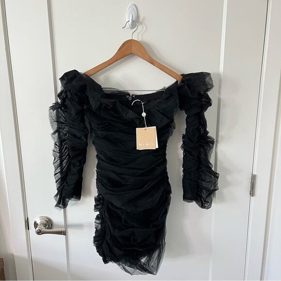 NWT Mimii London Black Ruffle Ruched Long Sleeve Dress Womens Size S - Picture 3 of 7